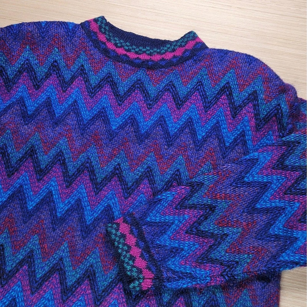 Lord Isaacs‎ Women Vintage Zig Zag Wool Mohair Blend Sweater L Colorful Knit 80s